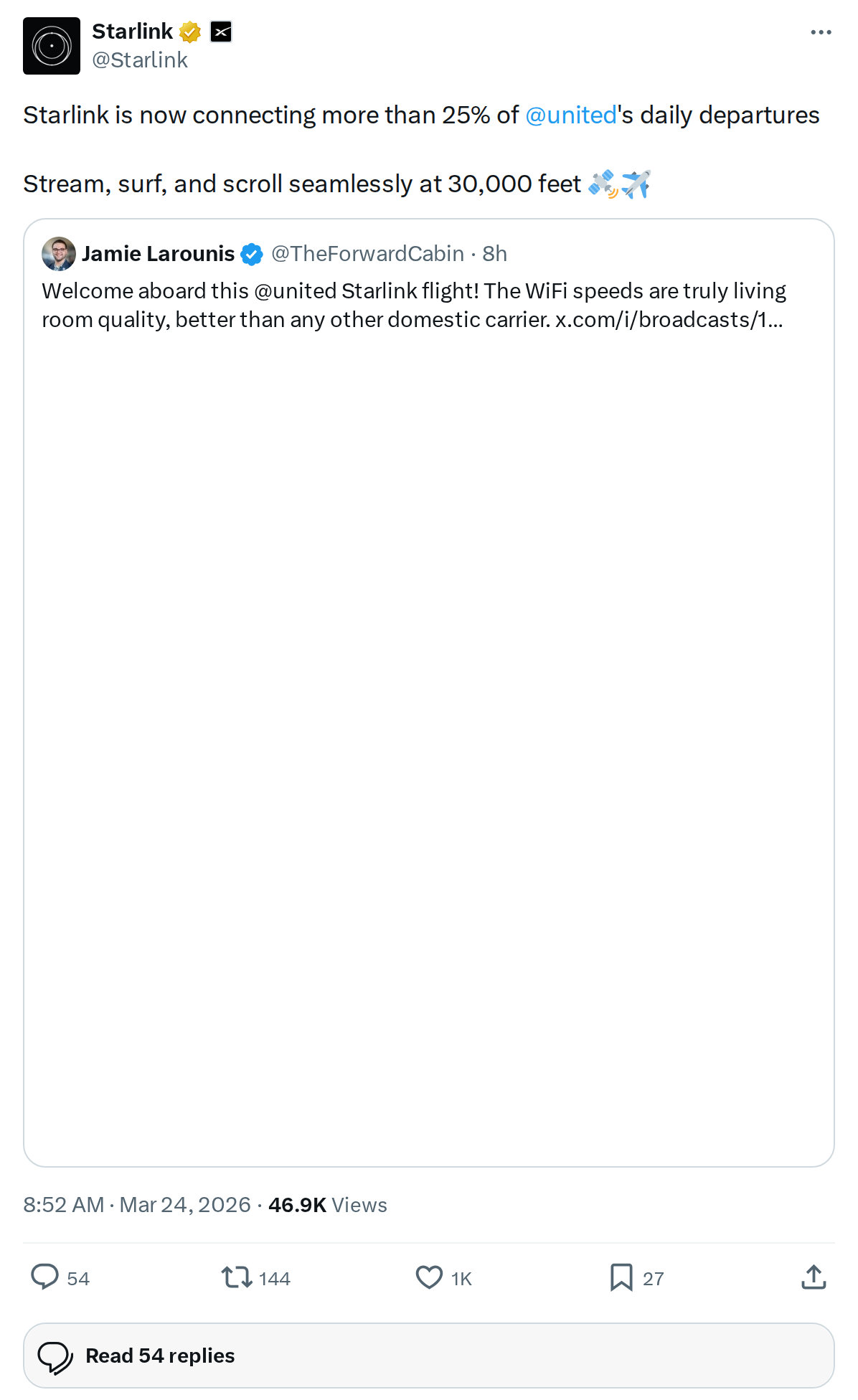 Starlink Now Powers 25% of United Airlines Flights: What It Means