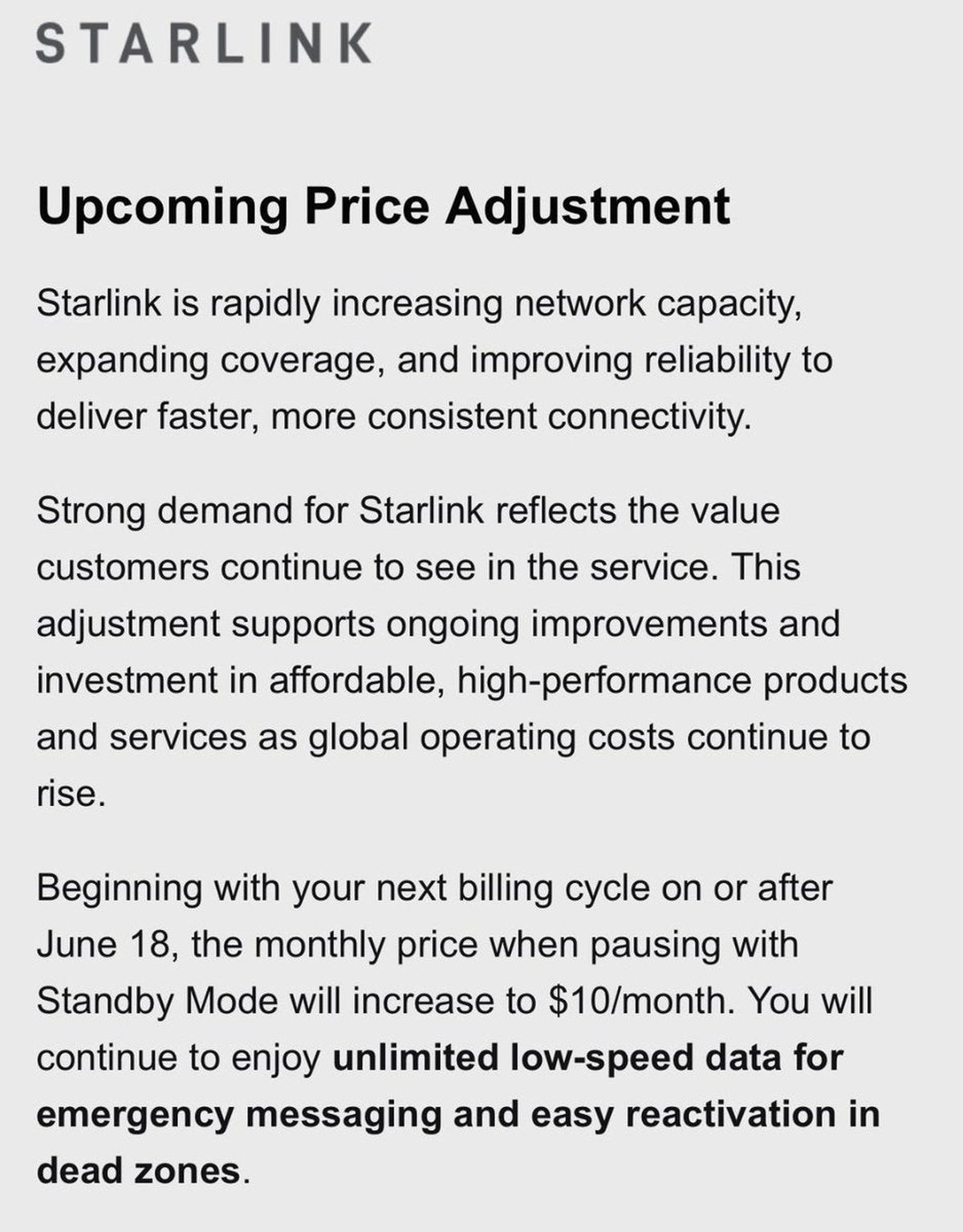 Starlink Standby Mode Price Doubles to $10/Month