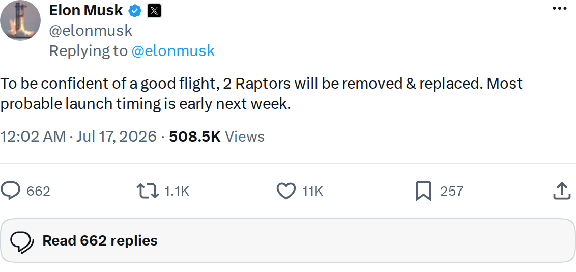 Starship Flight 13 Scrubbed: Two Raptors Replaced, Relaunch Eyed for Next Week