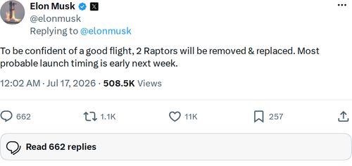 Starship Flight 13 Scrubbed: Two Raptors Replaced, Relaunch Eyed for Next Week