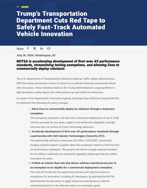 Trump Admin Orders NHTSA to Fast-Track National AV Rules