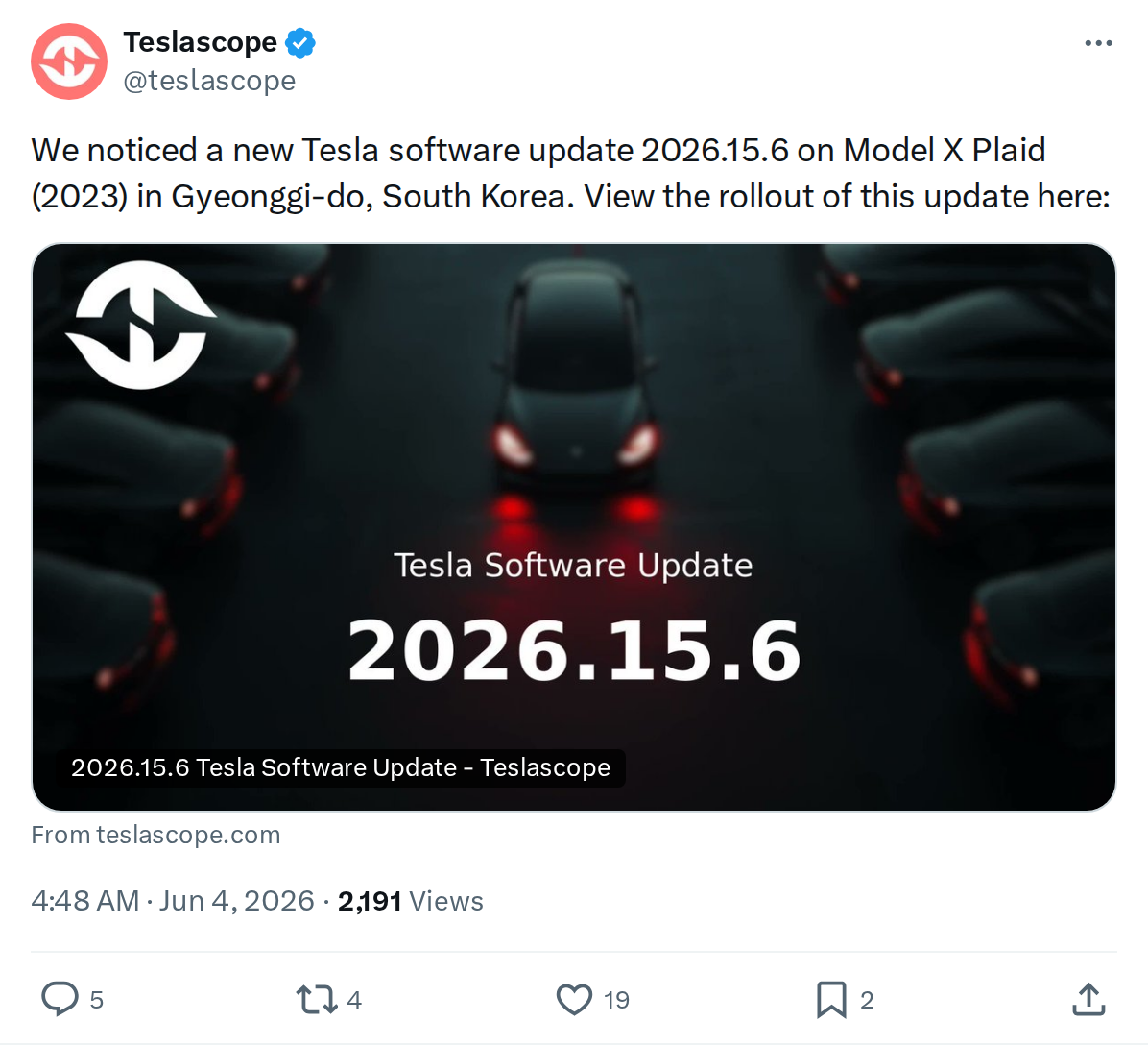 Tesla Software 2026.15.6 Spotted in South Korea on Model X Plaid