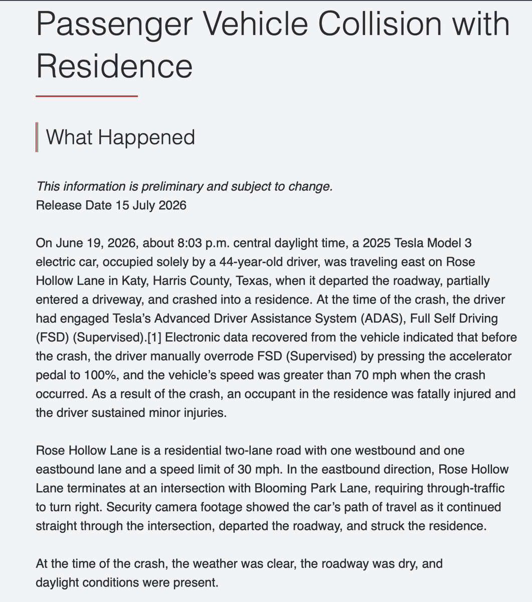 NTSB Report: Driver Floored It to 100% During Tesla FSD Crash