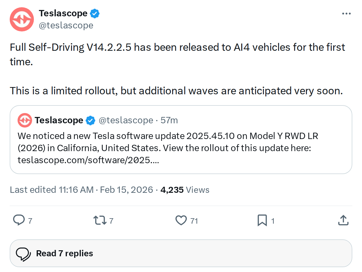 Tesla FSD V14.2.2.5 Arrives for AI4: First Limited Rollout