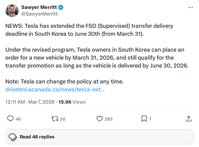 Tesla Extends FSD Transfer Deadline in South Korea to June 30