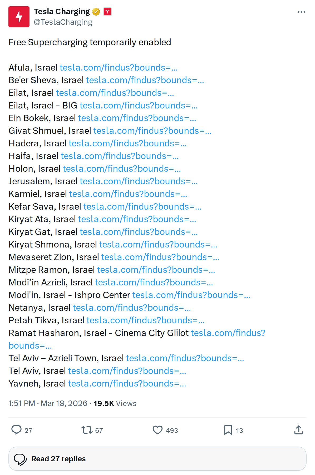 Tesla Enables Free Supercharging in Israel: Locations & Details