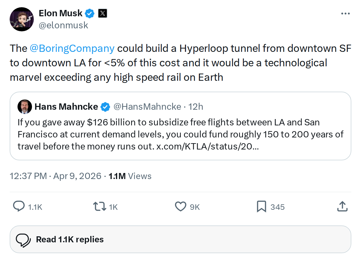 Elon Musk: Boring Company Hyperloop SF-LA Under 5% of Rail Cost