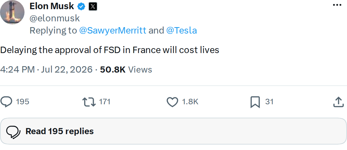 Musk Says FSD Delays in France Will Cost Lives