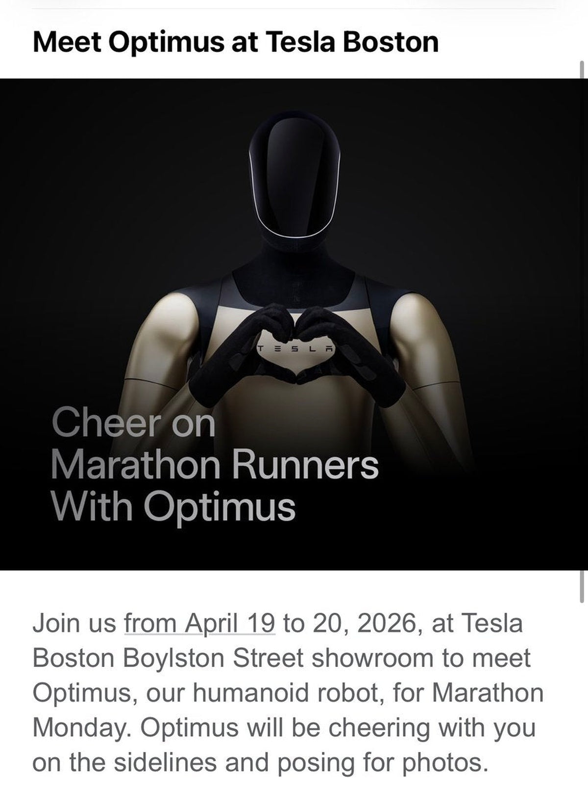 Tesla Optimus Comes to Boston for Marathon Monday 2026