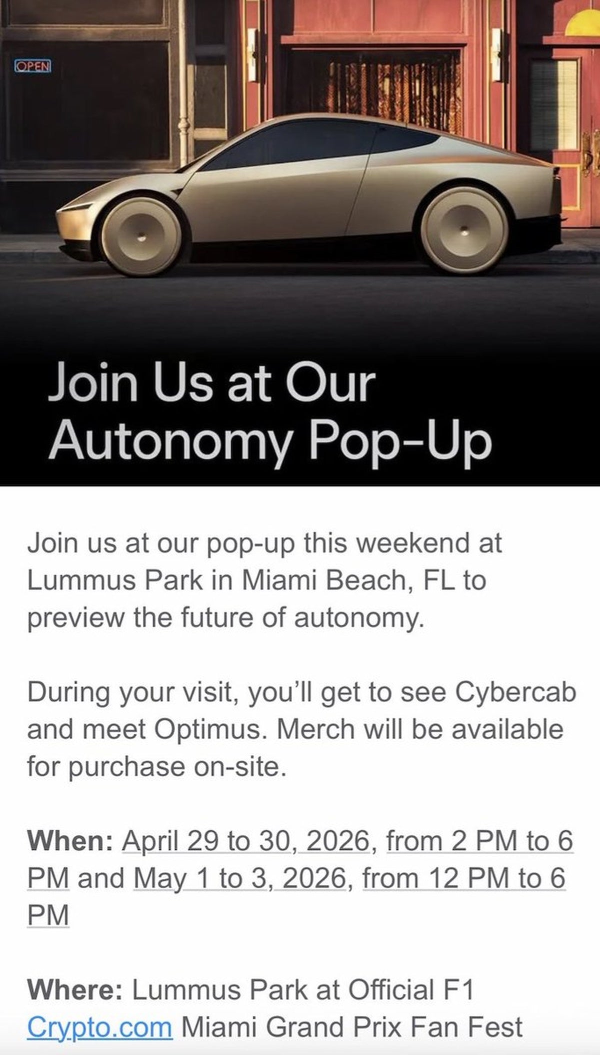 Tesla Autonomy Pop-Up in Miami: See Cybercab & Optimus Live