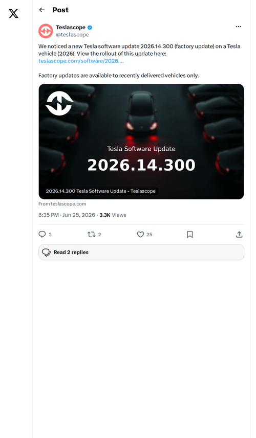 Tesla Factory Update 2026.14.300 Detected on New Vehicles
