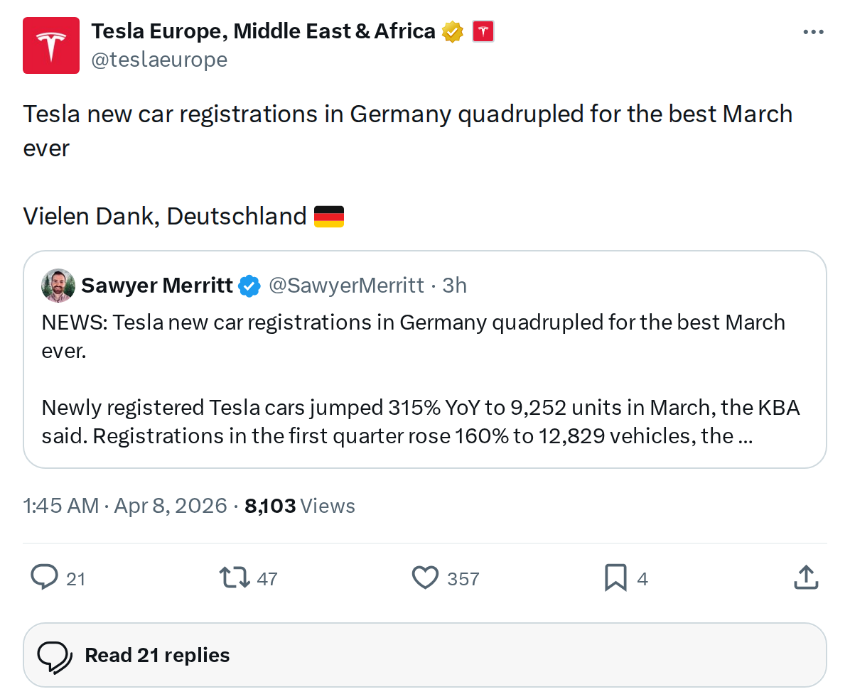Tesla Germany Registrations Quadruple in March: Best Ever