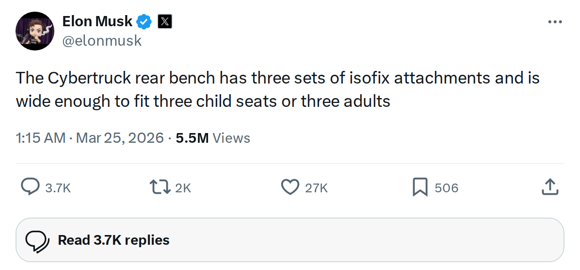 Cybertruck Fits 3 Child Seats: ISOFIX Confirmed by Elon