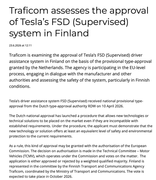 Finland May Approve Tesla FSD Before EU's October Decision