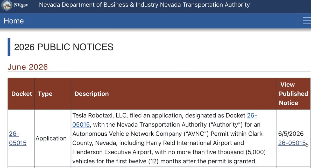 Tesla Applies for Nevada Robotaxi Permit, Eyes 5,000 Cars in Year One