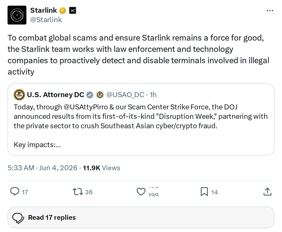 Starlink Joins Global Anti-Scam Operation: 63 Arrests, Thousands of Terminals Disabled
