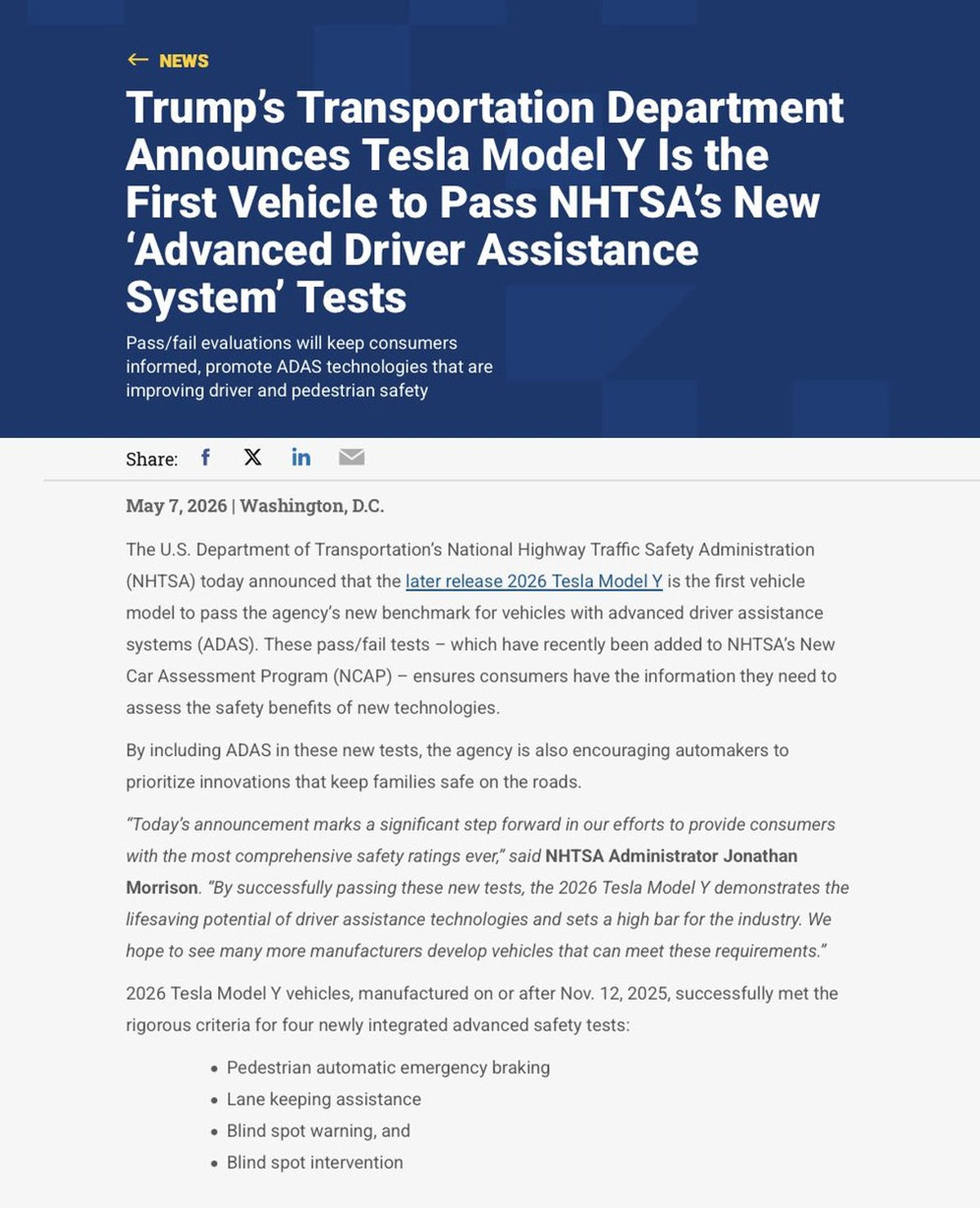 2026 Tesla Model Y First to Pass NHTSA's New ADAS Tests