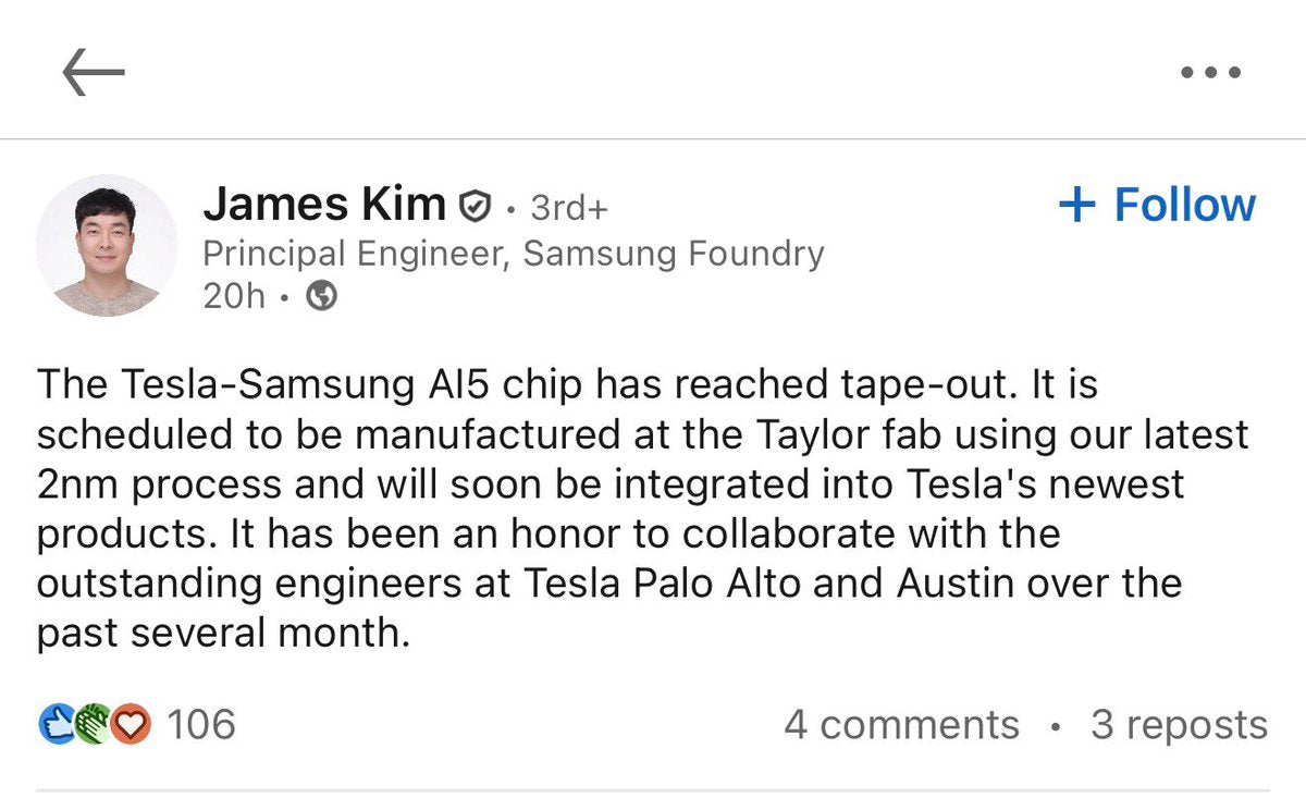 Tesla-Samsung AI5 Chip Hits Tape-Out at Taylor Fab on 2nm Process