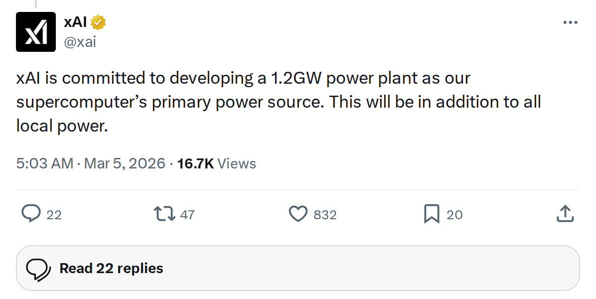 xAI Building 1.2GW Power Plant to Run Its AI Supercomputer