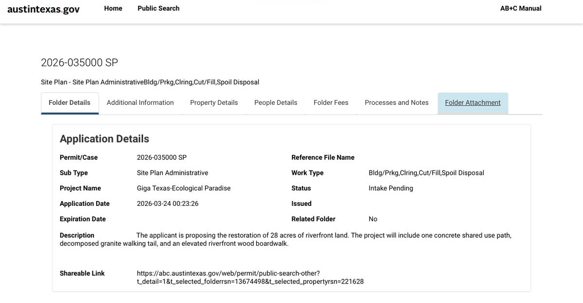 Giga Texas Riverpark Permit Filed: 28 Acres Being Restored