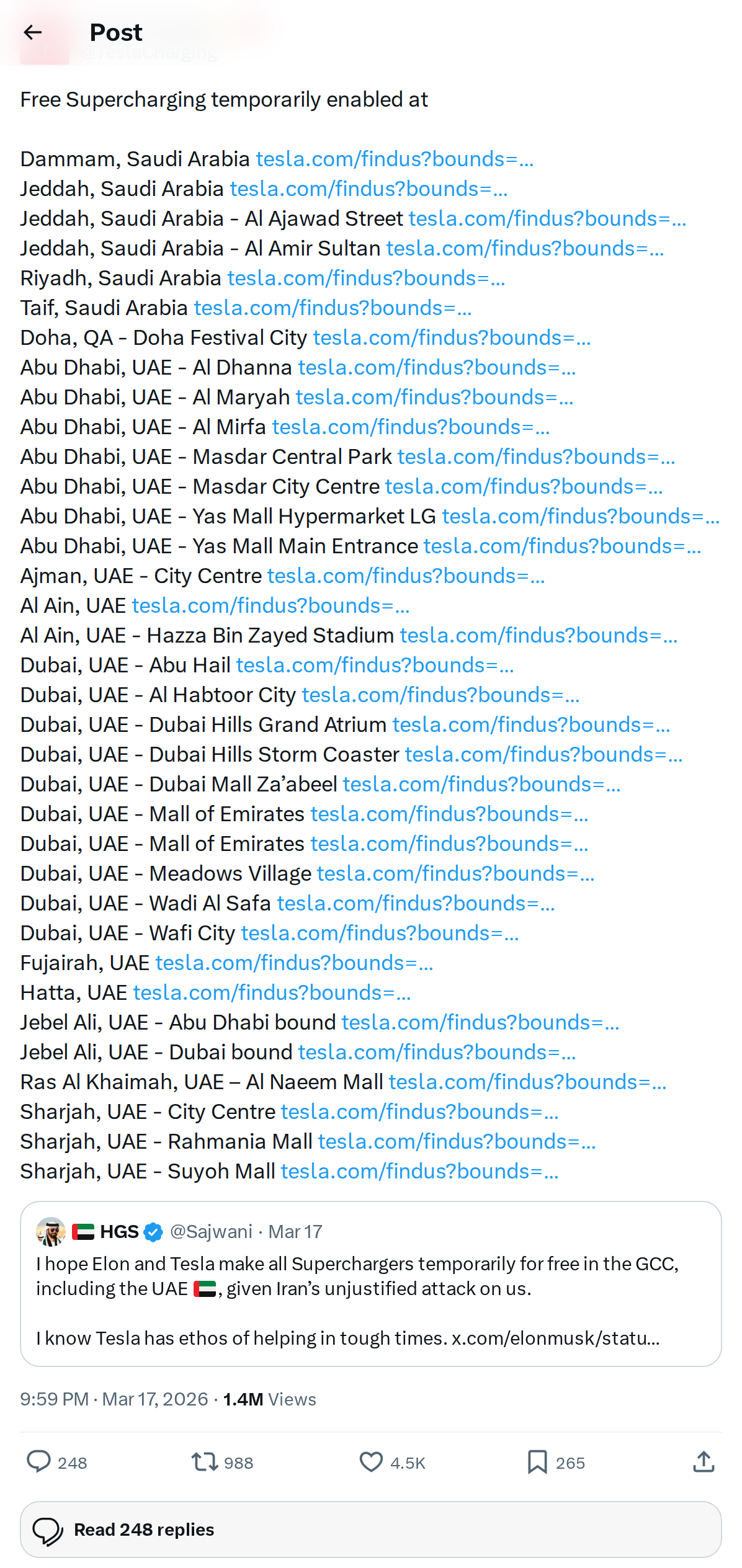 Tesla Free Supercharging Now Live in Saudi Arabia: Full List