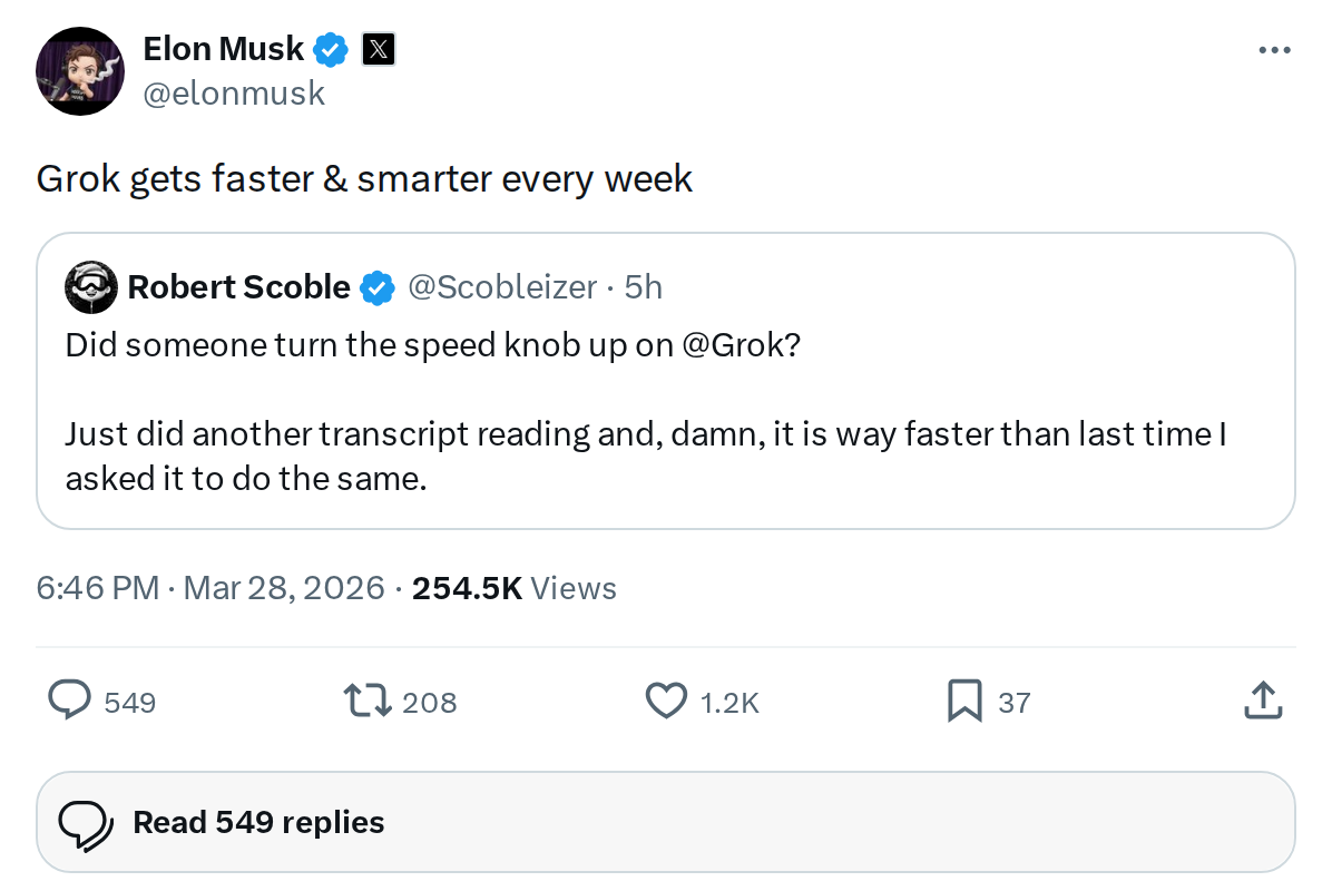 Grok Is Getting Faster and Smarter Every Week, Musk Says