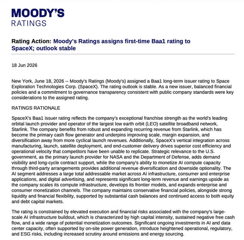 SpaceX Earns Investment-Grade Credit Ratings from S&P and Moody's