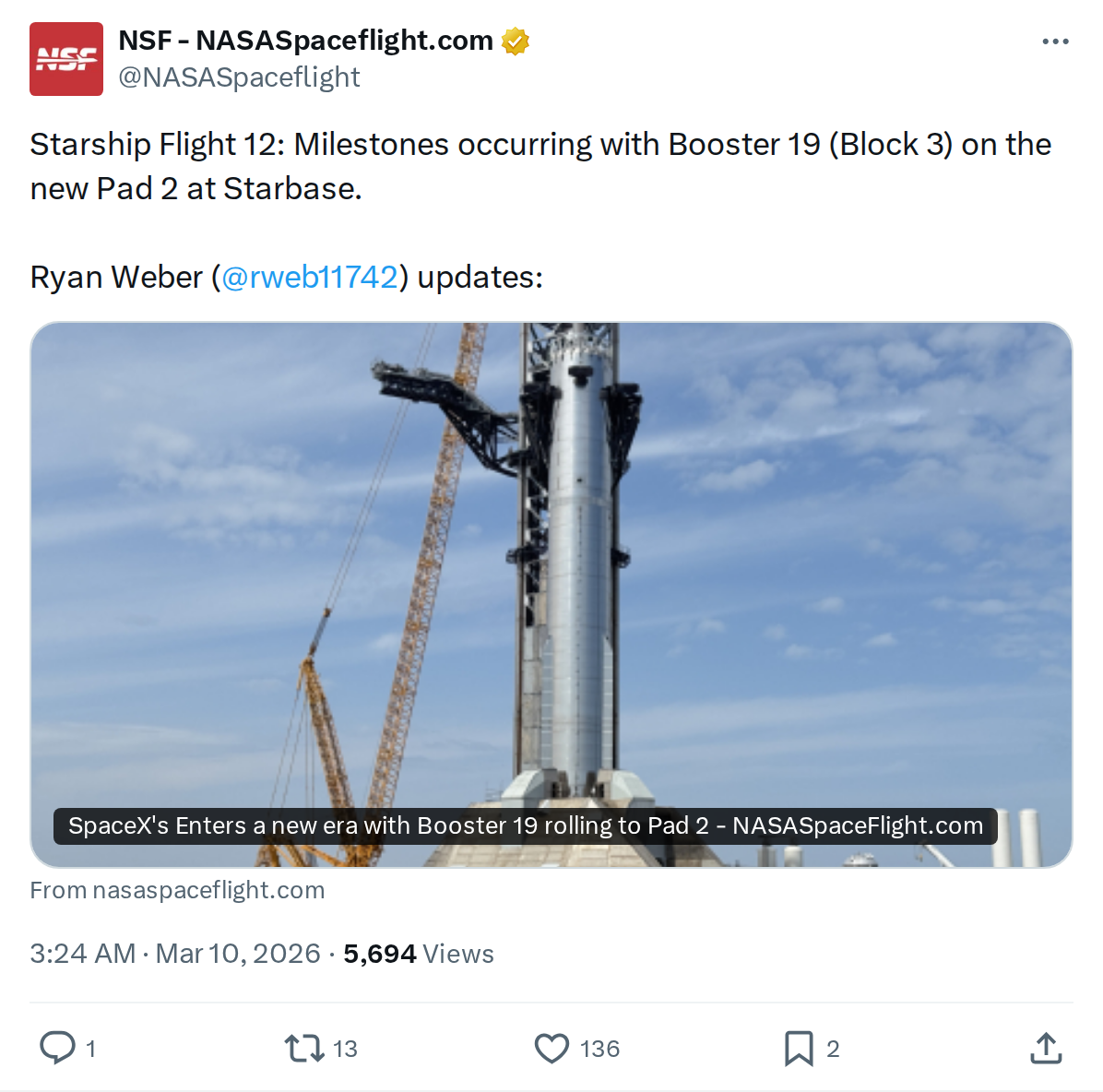 Starship Flight 12: Booster 19 Block 3 Hits Key Milestones on Pad 2