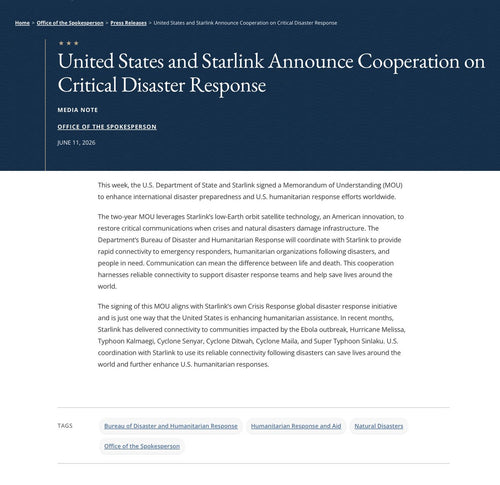State Department Signs Starlink Deal for Global Disaster Response