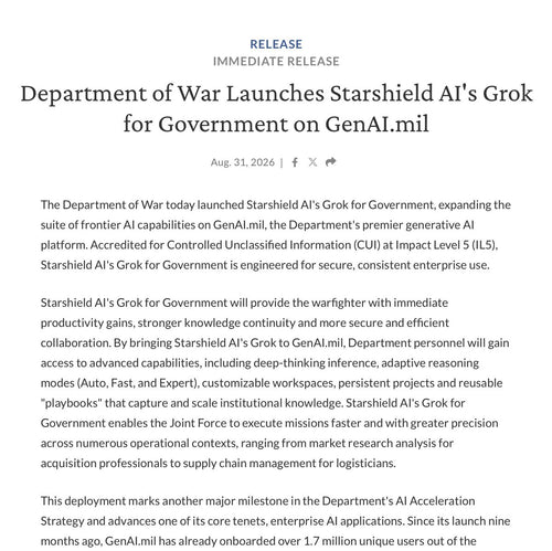 Pentagon Deploys xAI's Grok for Government to 1.7M Users
