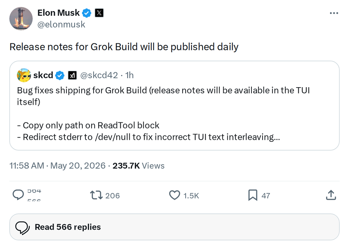 xAI to Publish Daily Grok Build Release Notes