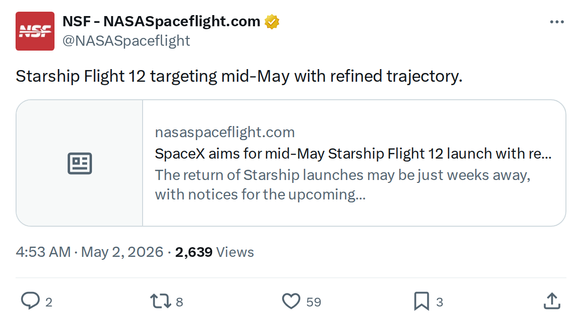 Starship Flight 12 Targets Mid-May with New V3 Vehicle