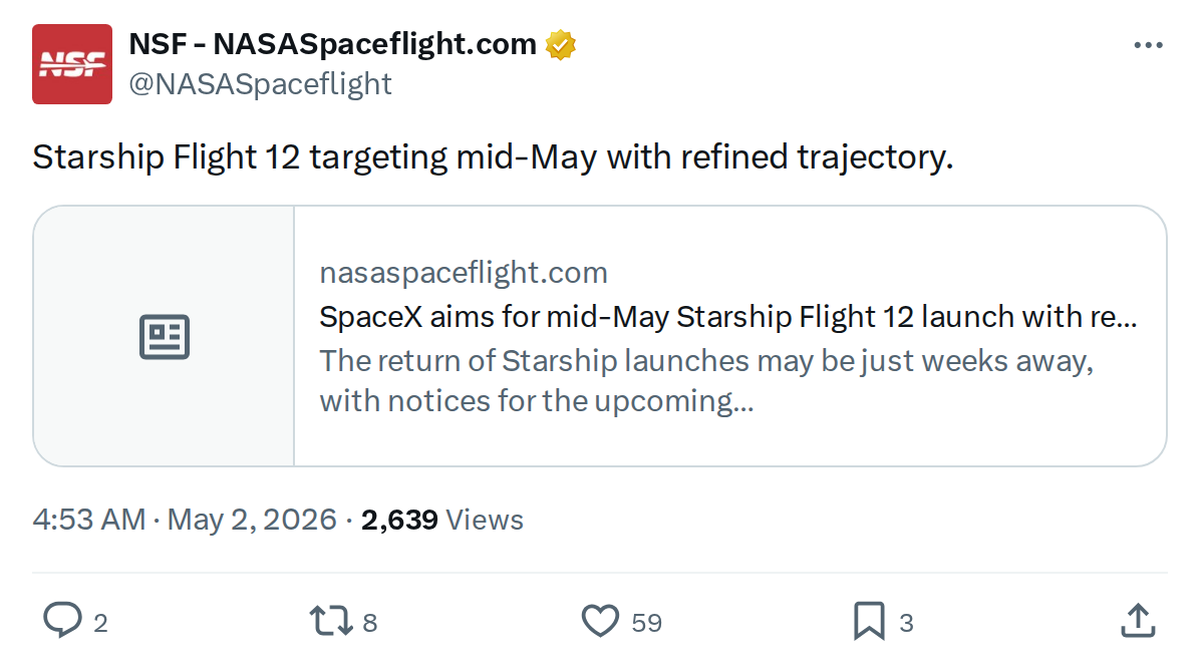 Starship Flight 12 Targets Mid-May with New V3 Vehicle