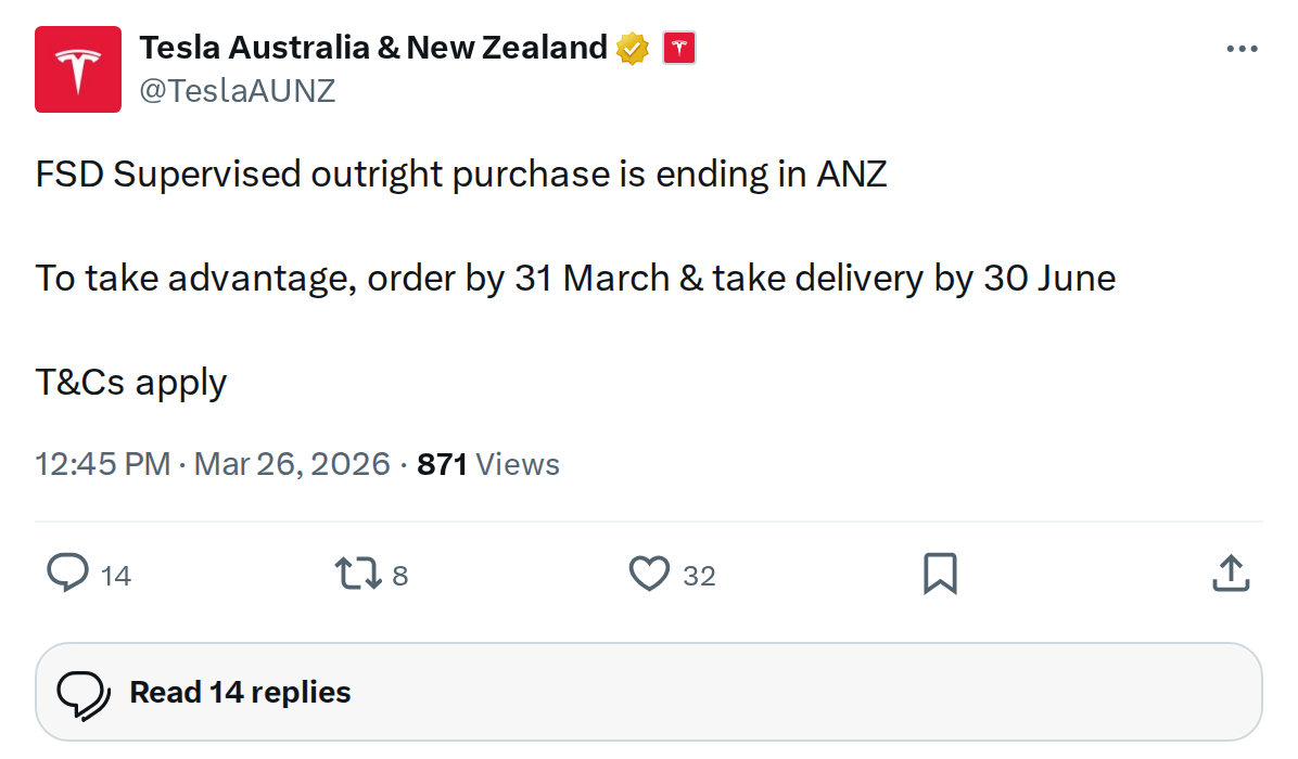 Tesla FSD Outright Purchase Ending in ANZ: Act Before March 31