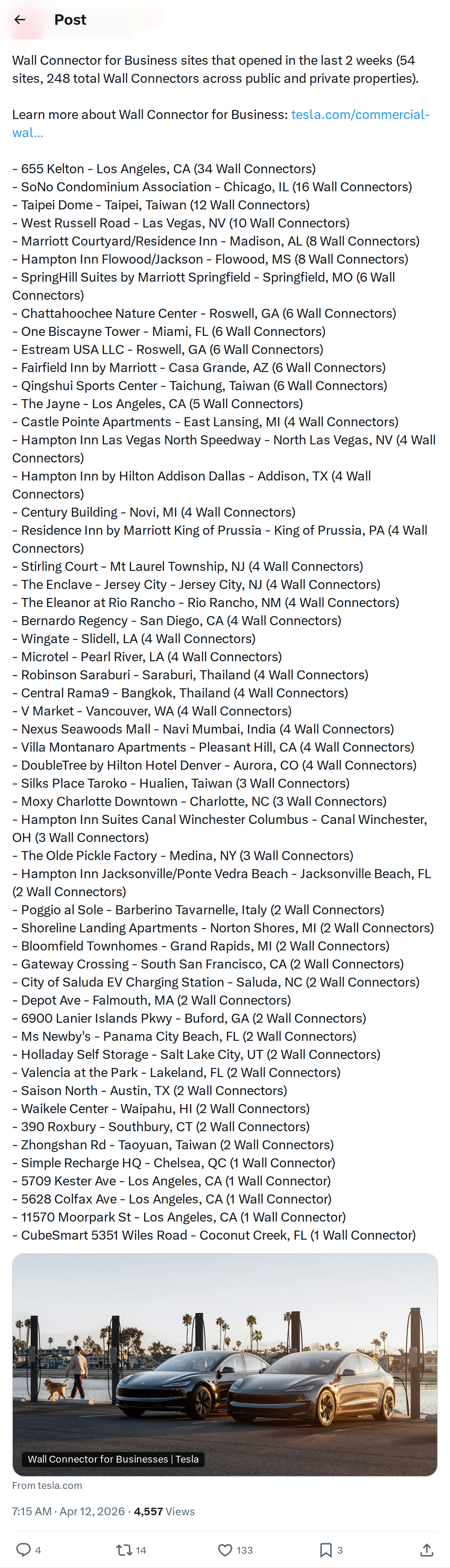Tesla Expands Wall Connector for Business: 54 New Sites in 2 Weeks