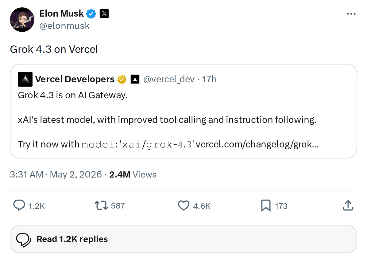 xAI Launches Grok 4.3 — Now Live on Vercel