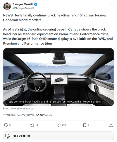 Tesla Model Y Canada Gets Black Headliner & 16" Screen