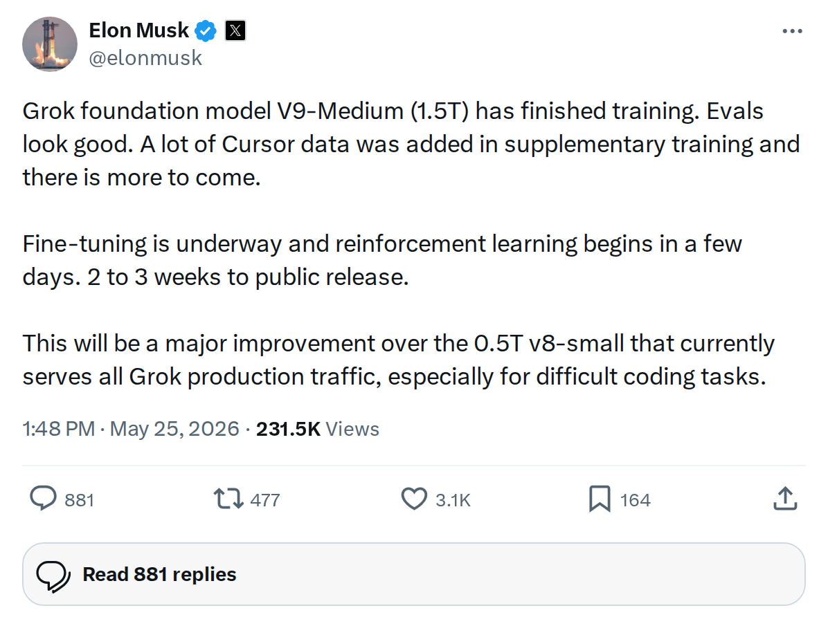 Grok V9-Medium (1.5T) Finishes Training, Release in 2-3 Weeks