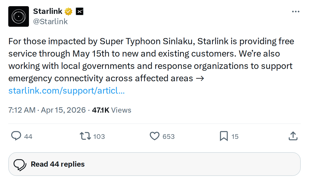Starlink Offers Free Service After Super Typhoon Sinlaku