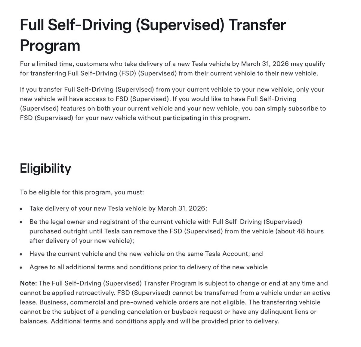 Tesla FSD Transfer Deadline Tightened: Take Delivery by March 31