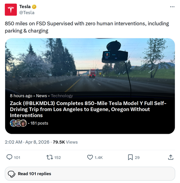 Tesla FSD Supervised Completes 850 Miles, Zero Interventions