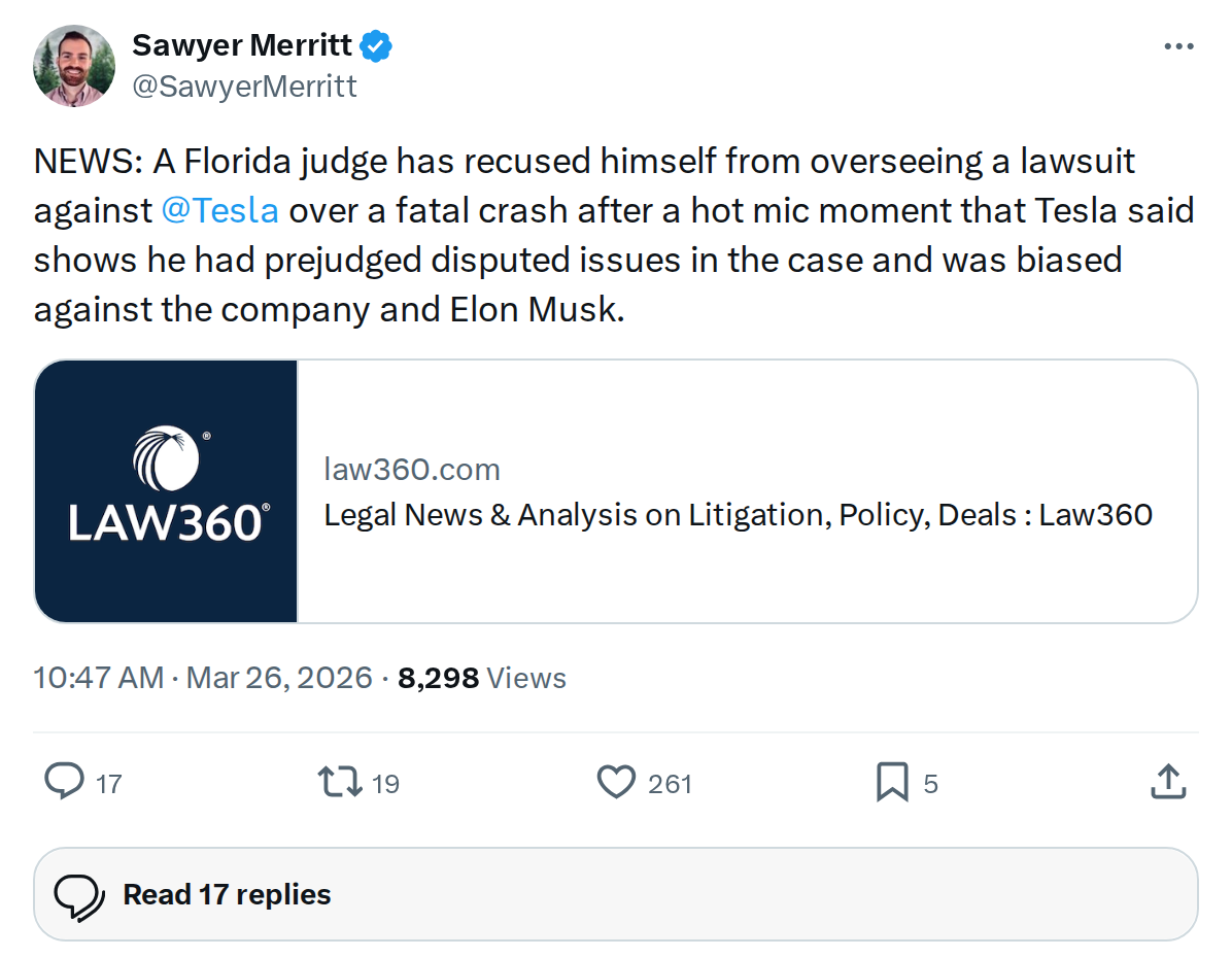 Florida Judge Recuses Himself from Tesla Fatal Crash Lawsuit