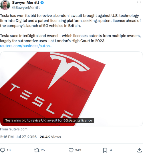 Tesla Wins UK Supreme Court Fight Over 5G Patent Licensing