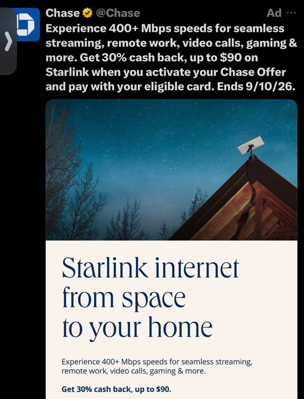 Chase Offers 30% Cash Back on Starlink — How to Claim It