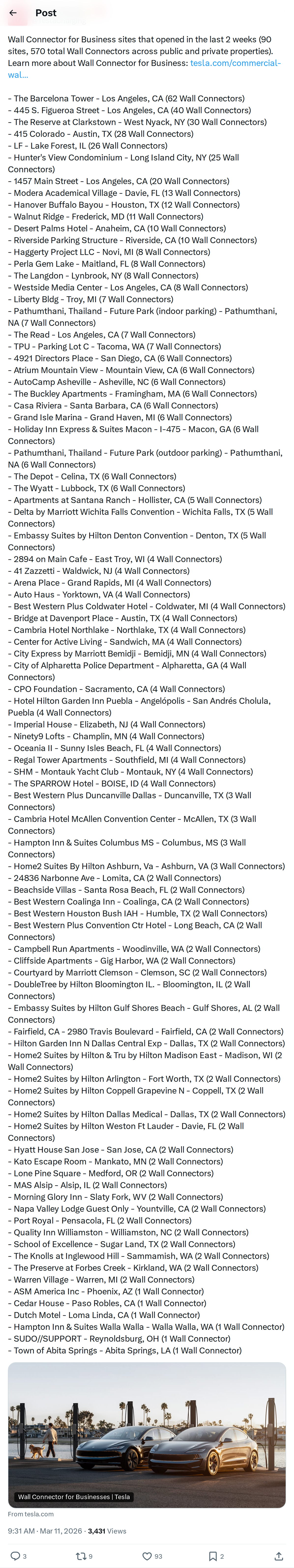 Tesla Wall Connector for Business Adds 90 Sites and 570 Chargers