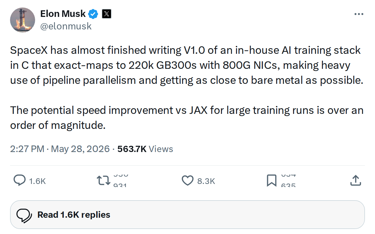 SpaceX Builds Custom AI Training Stack for 220,000 GPUs