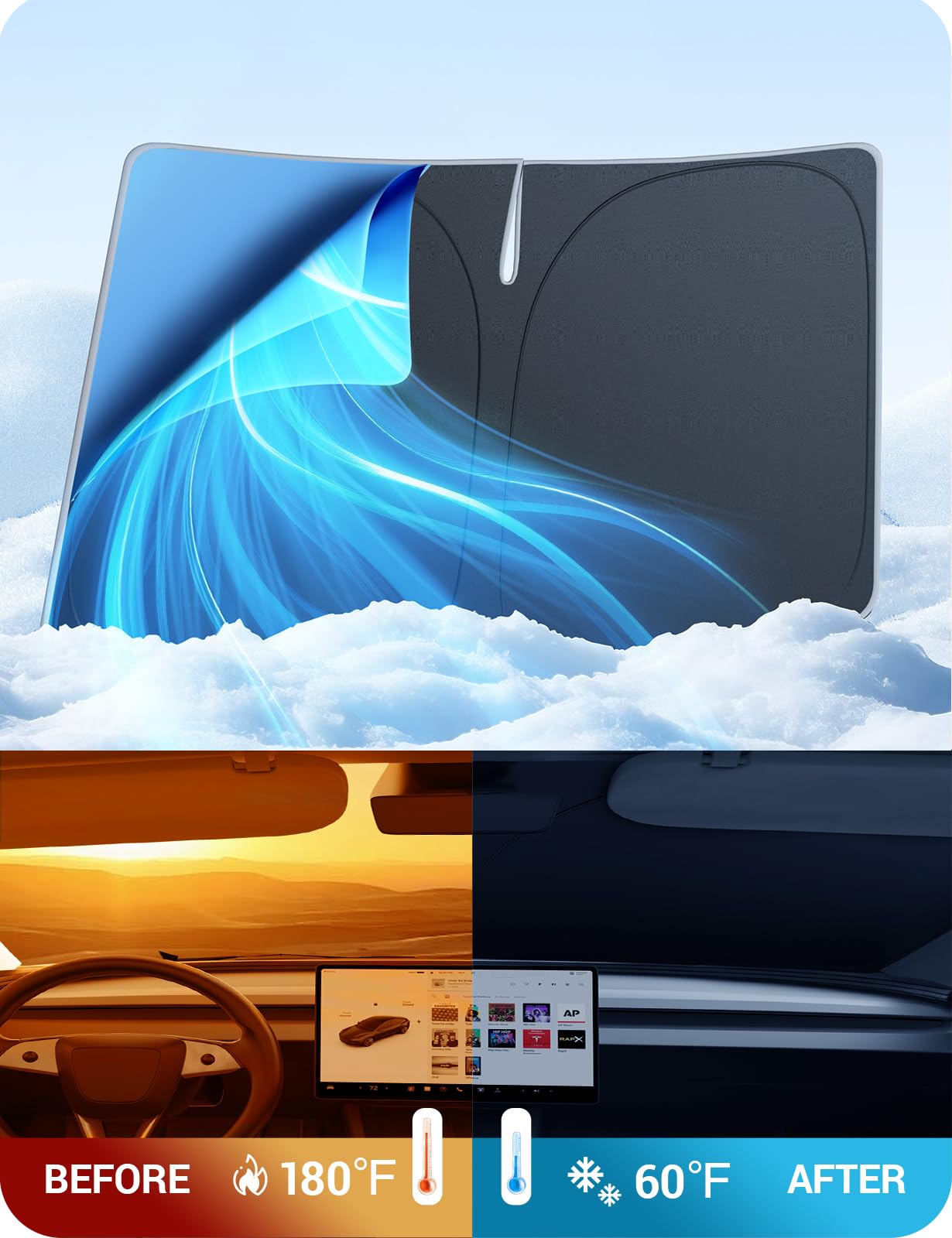 2017-2026 Tesla Model 3 & Model Y Windshield Sunshade - Nano Ice Crystal Black Nylon - Image 9