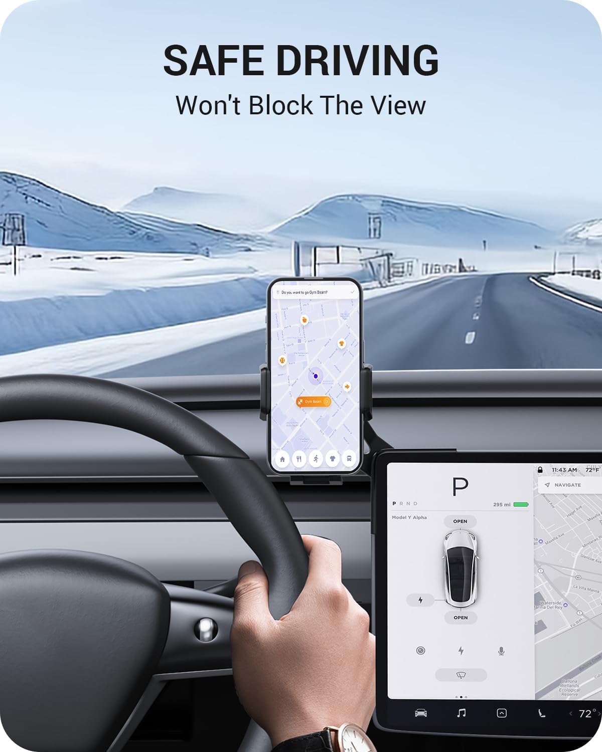 BASENOR Tesla Phone Mount for 2020-2024 Model Y & 2017-2023 Model 3 Screen-Safe Holder with Strong Adhesion, 360° Rotatable Cell Phone Stand, Must-Have Interior Accessories for All Phones