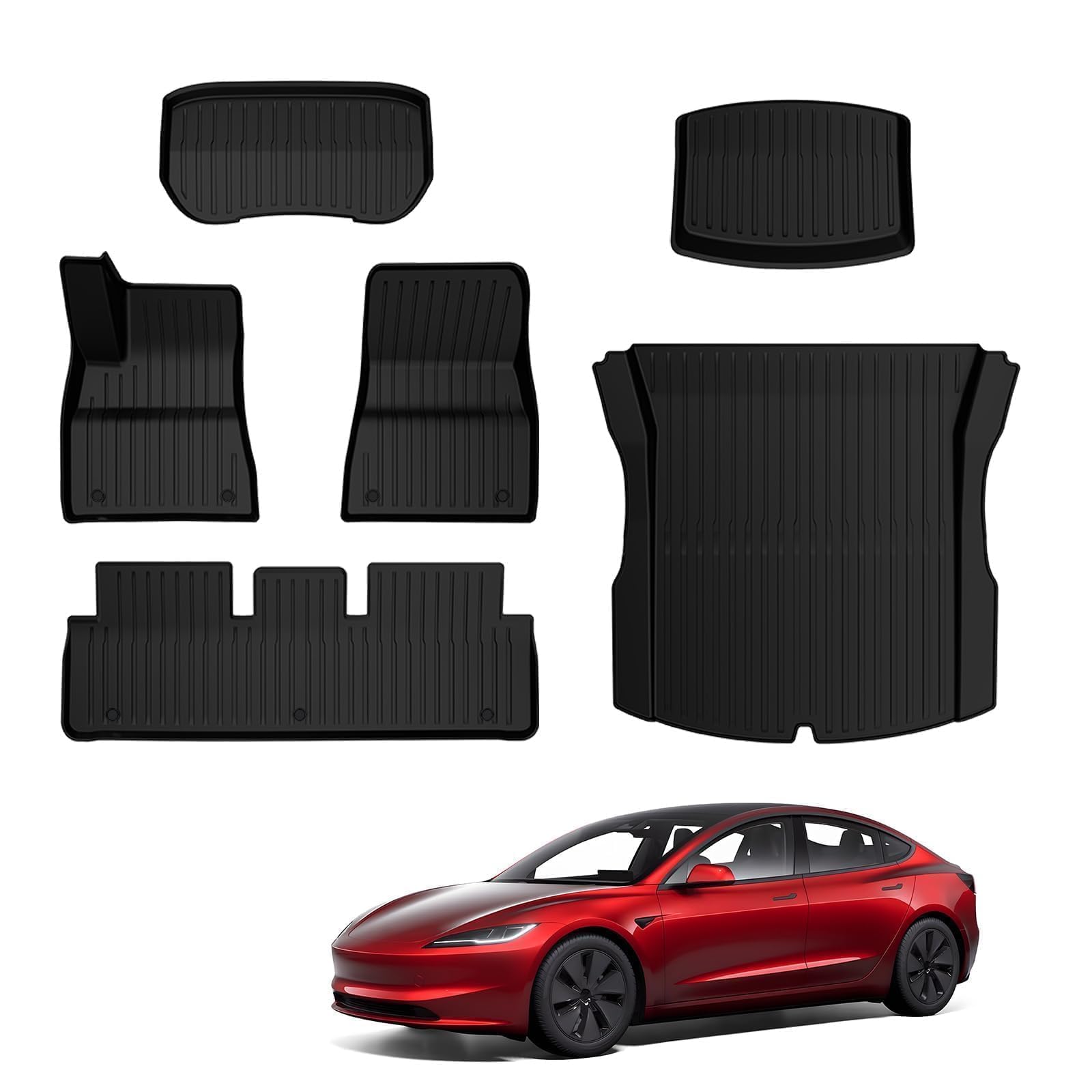 BASENOR Upgraded Tesla Model 3 Floor Mats Set All Weather Waterproof TPE Floor Mat Heavy Duty Interior Liners Front Rear Cargo Liner Model 3 Accessories Highland 2024 2025 6PCS