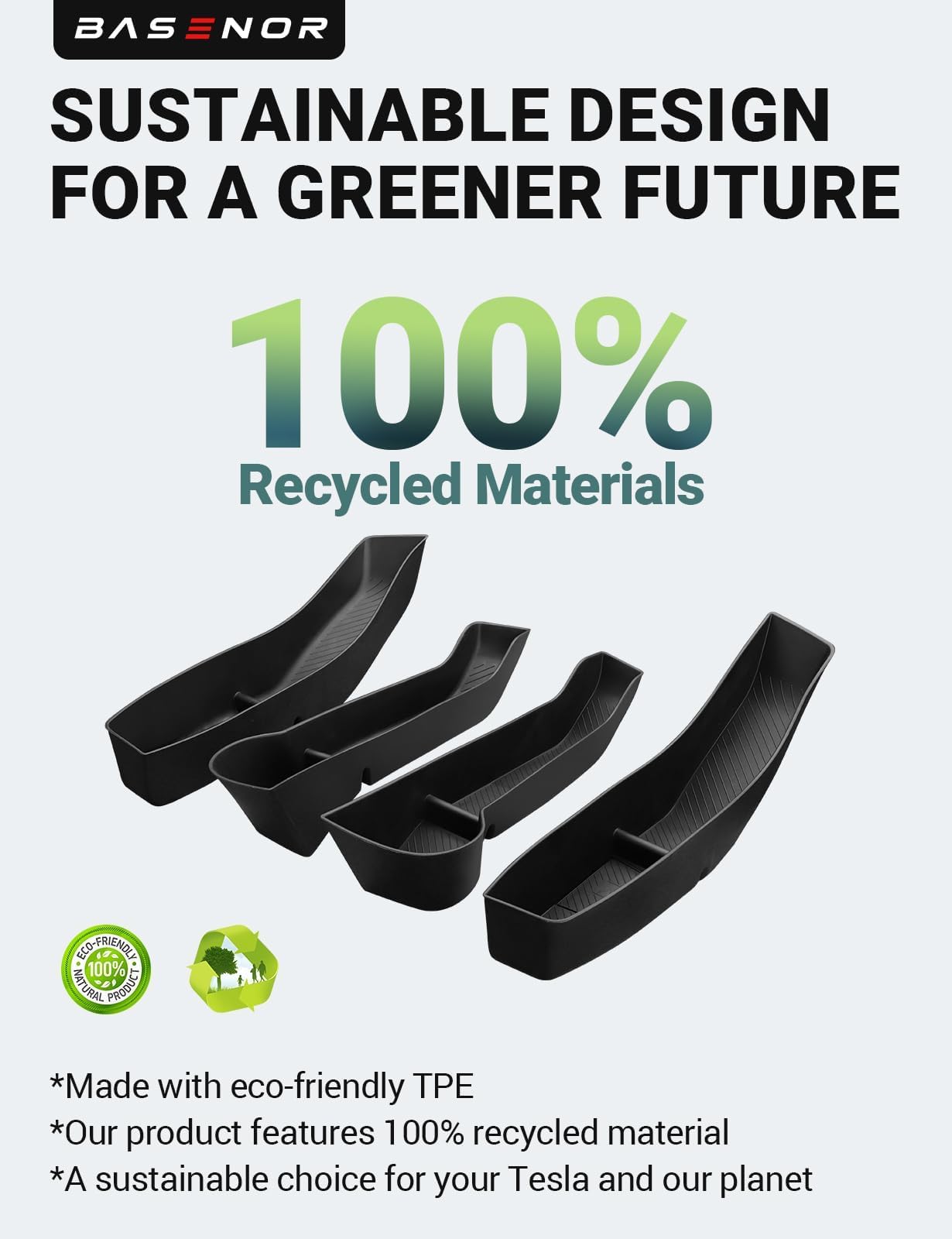 BASENOR 2024-2020 Tesla Model Y Door Side Storage Box with Emergency Button Cutout, Door Organizer Pocket Liners, Waterproof TPE Front & Rear Side Tray Protector Liner Set of 4